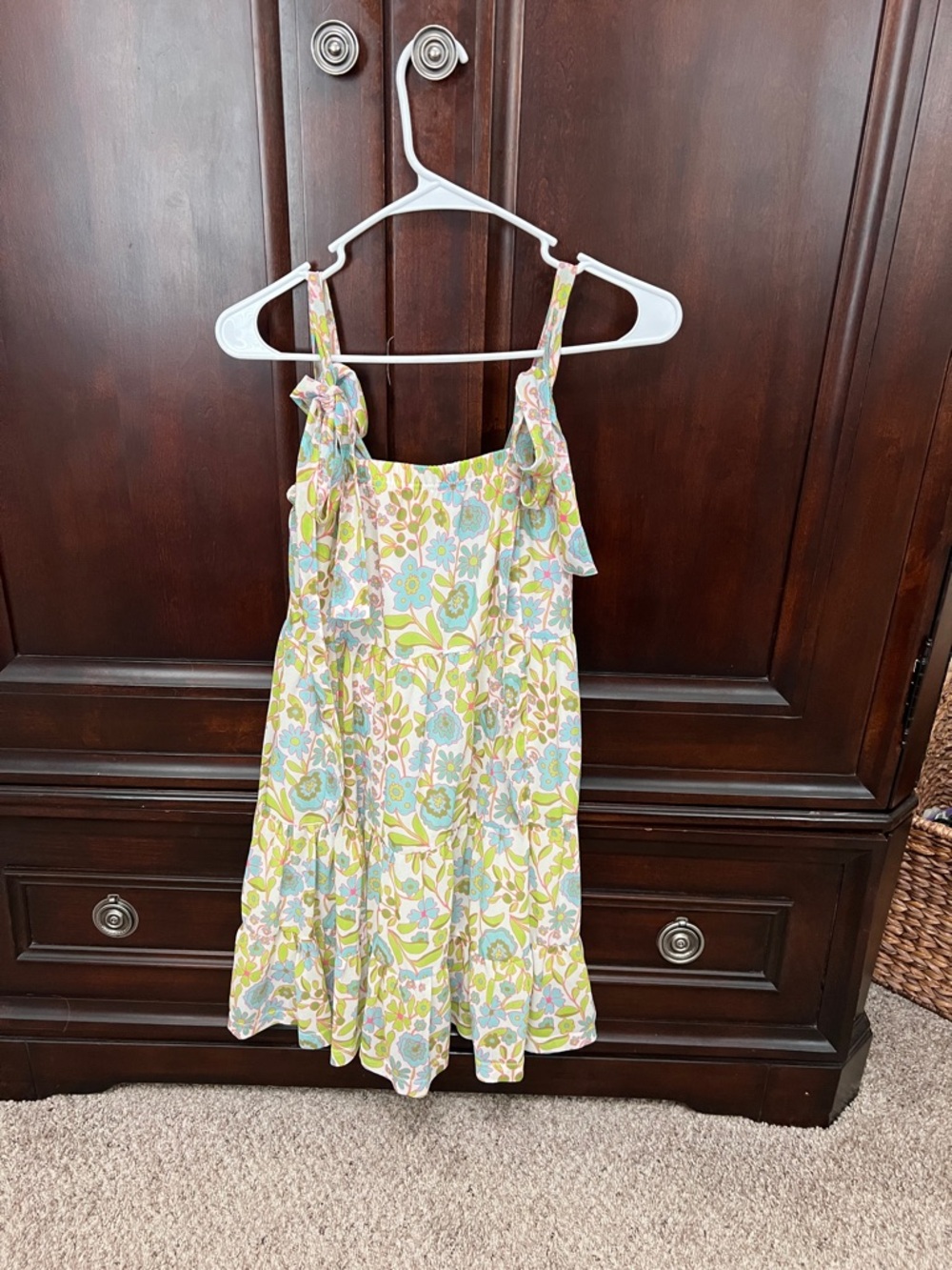 Floral Tie-Shoulder Mini Dress in Light Blue, Green & Cream